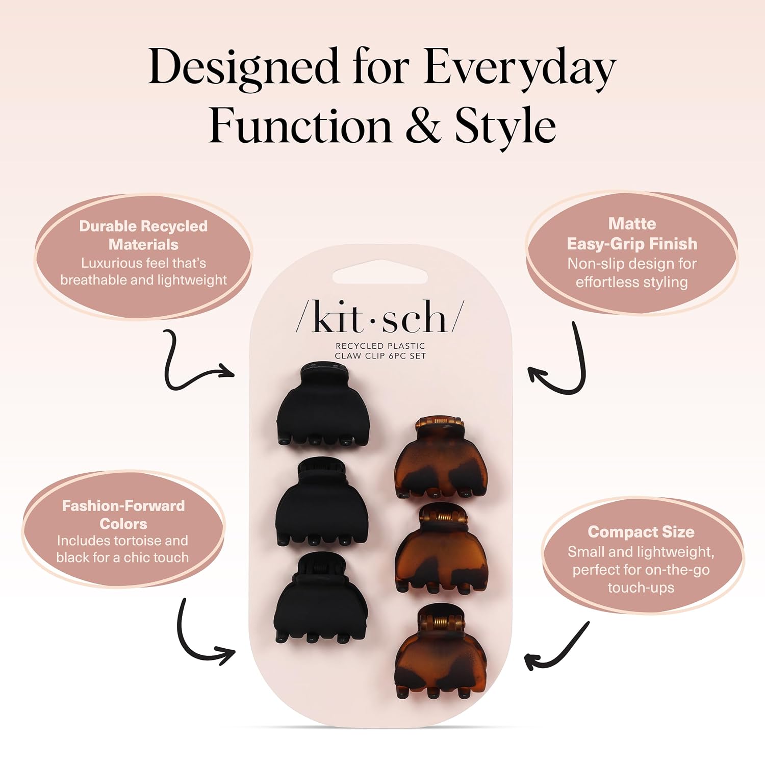 Kitsch Mini Claw Clips for Women - Tortoise &amp; Black, 6pcs Tortoise and Black (6 Pieces, X-Small) 6 Count (Pack of 1) 3