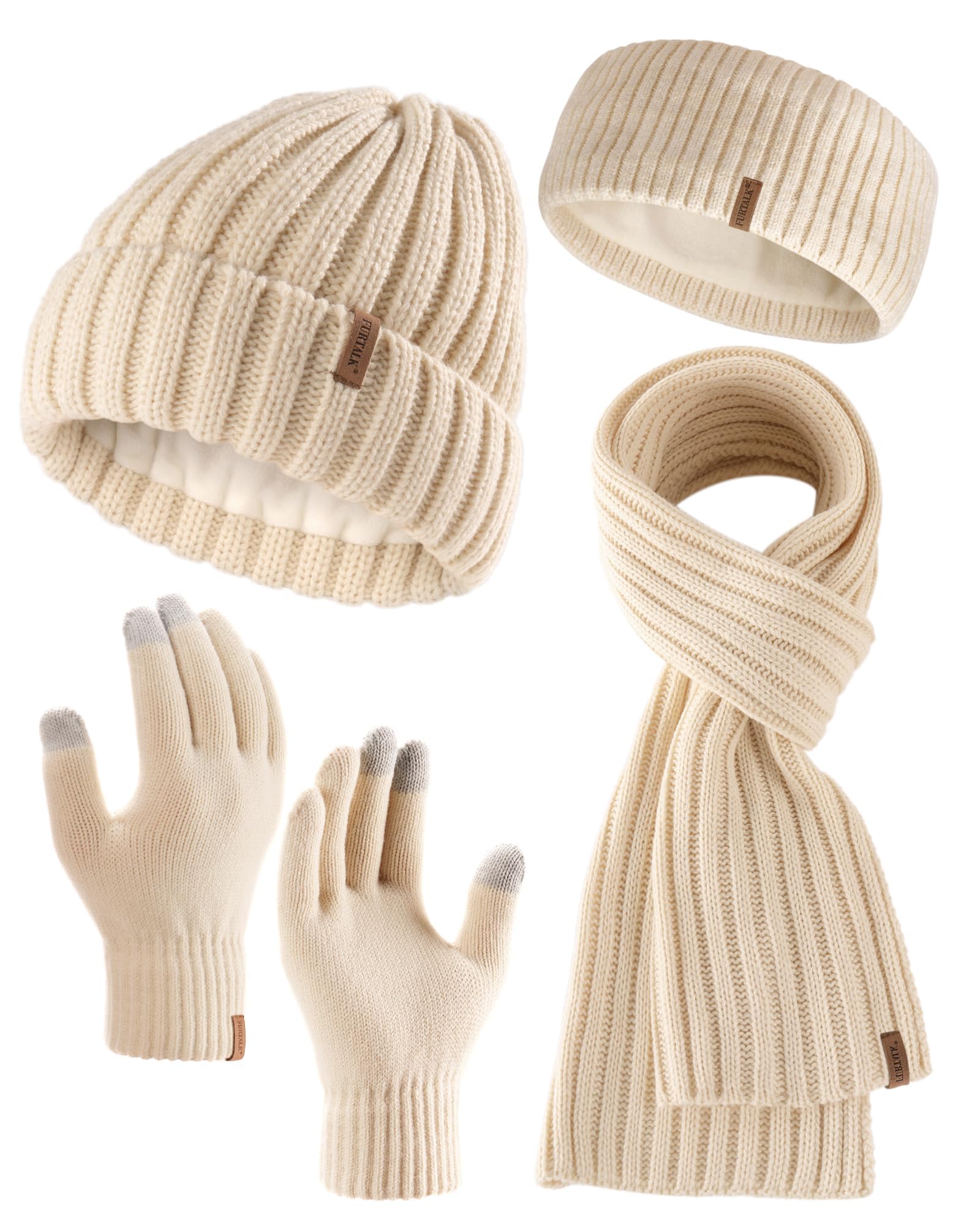 FURTALK Winter Beanie Hat Touchscreen Gloves Scarf Headband Set 4 in 1 Gift Pure Beige