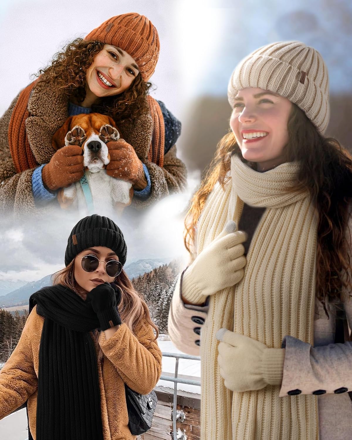 FURTALK Winter Beanie Hat Touchscreen Gloves Scarf Headband Set 4 in 1 Gift Pure Beige 3