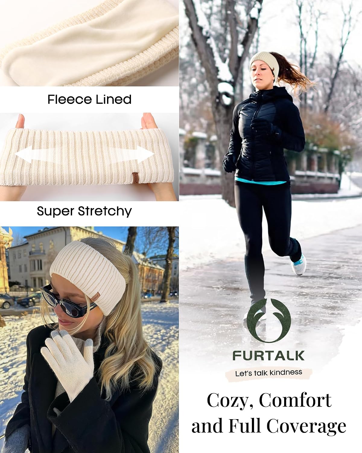 FURTALK Winter Beanie Hat Touchscreen Gloves Scarf Headband Set 4 in 1 Gift Pure Beige 4