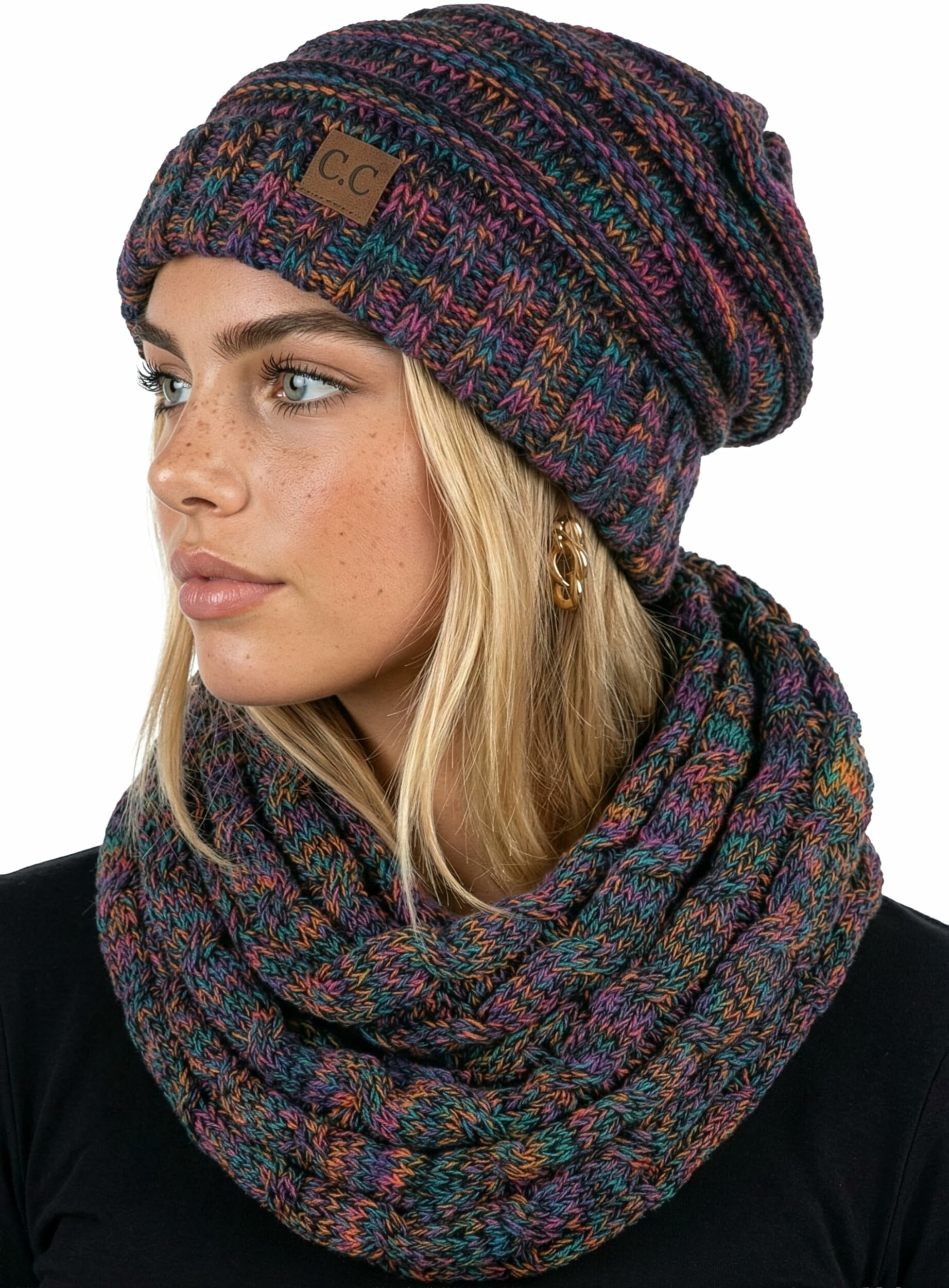 Funky Junque Chunky Knit Oversized Beanie and Infinity Scarf Set for Women Kaleidoscope - 4 Tone Mix - Black, Purple, Orange,