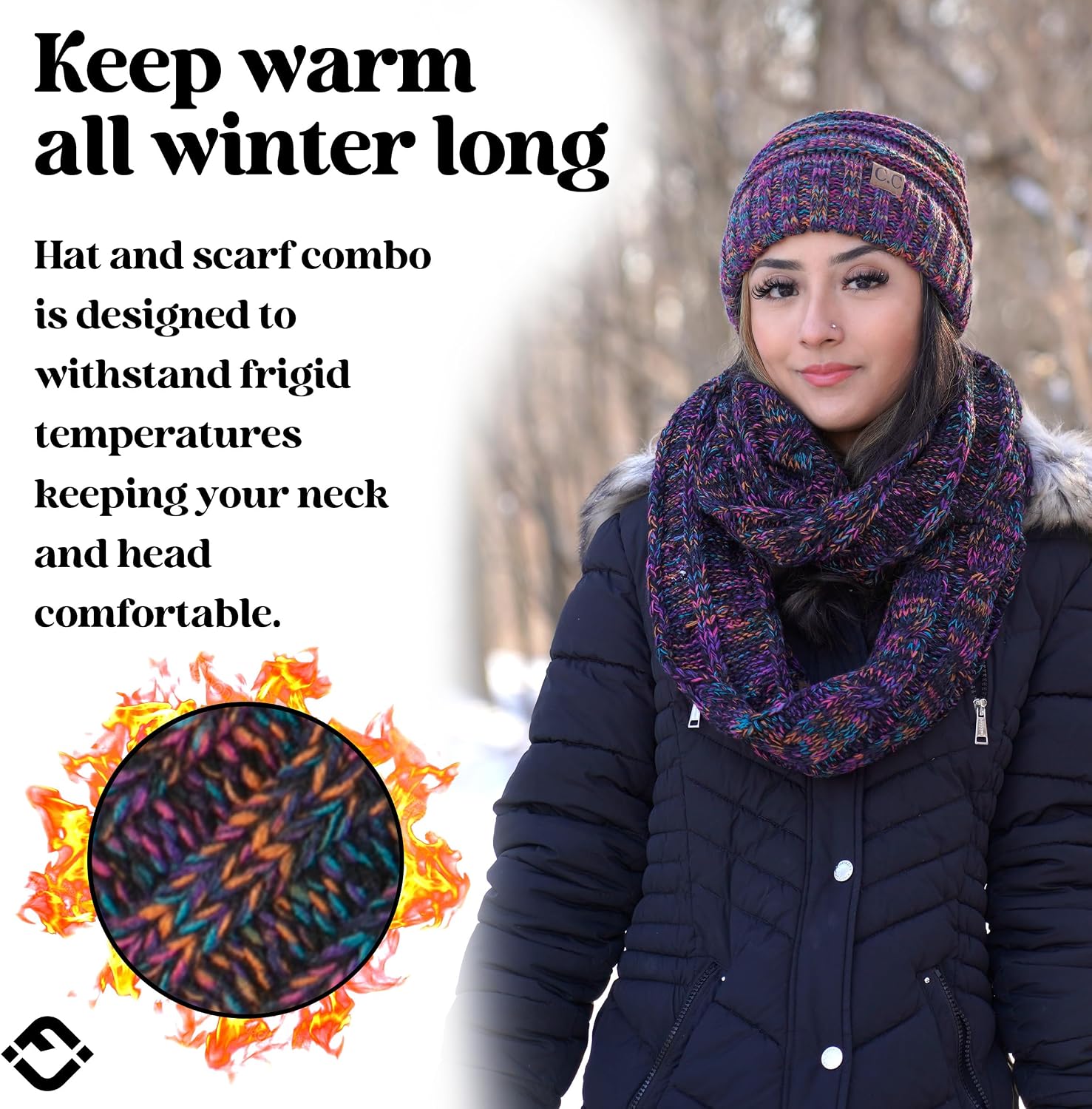 Funky Junque Chunky Knit Oversized Beanie and Infinity Scarf Set for Women Kaleidoscope - 4 Tone Mix - Black, Purple, Orang 2