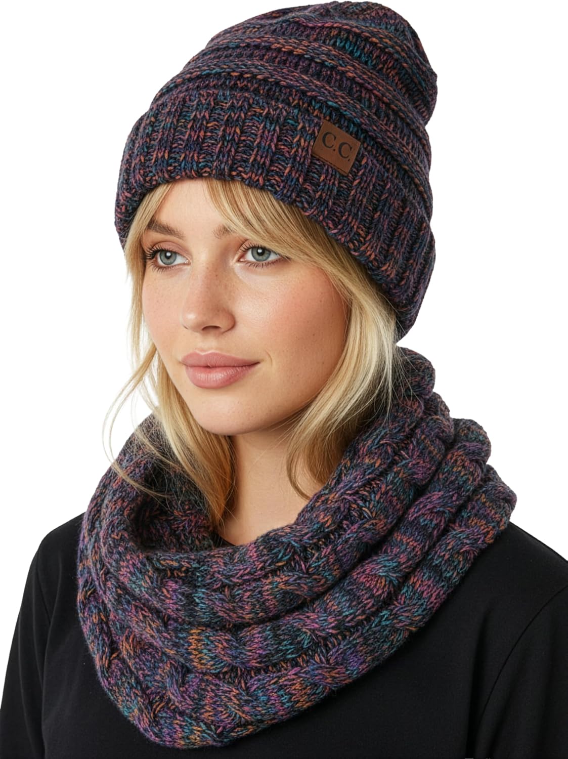 Funky Junque Chunky Knit Oversized Beanie and Infinity Scarf Set for Women Kaleidoscope - 4 Tone Mix - Black, Purple, Orang 3
