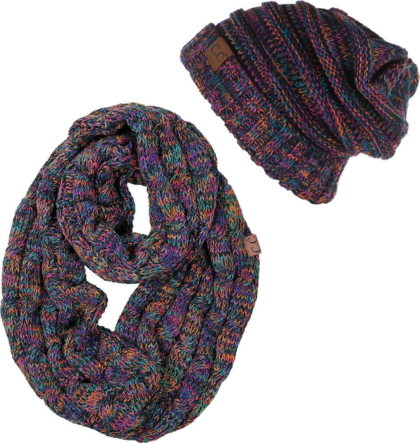 Funky Junque Chunky Knit Oversized Beanie and Infinity Scarf Set for Women Kaleidoscope - 4 Tone Mix - Black, Purple, Orang 5