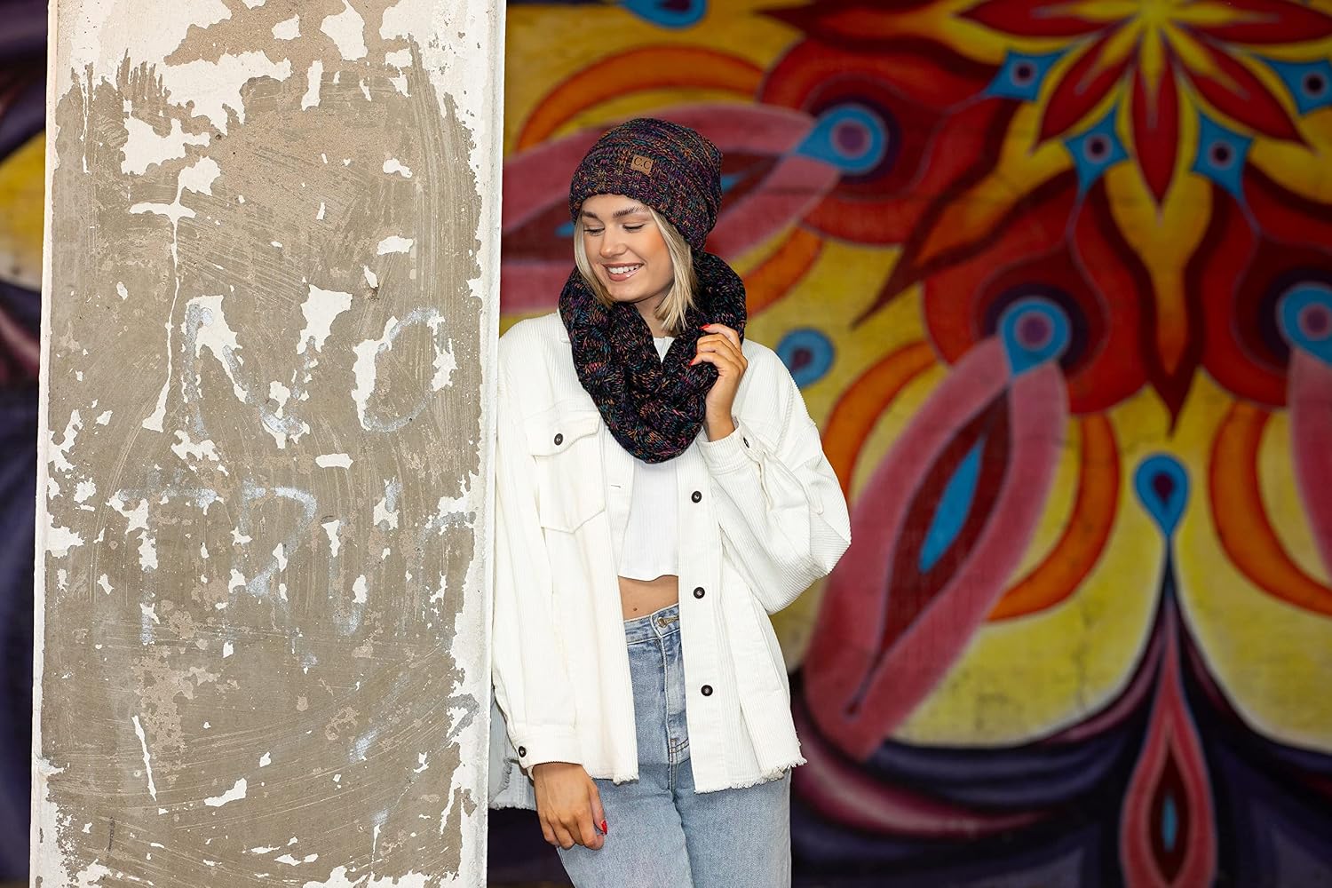 Funky Junque Chunky Knit Oversized Beanie and Infinity Scarf Set for Women Kaleidoscope - 4 Tone Mix - Black, Purple, Orang 7
