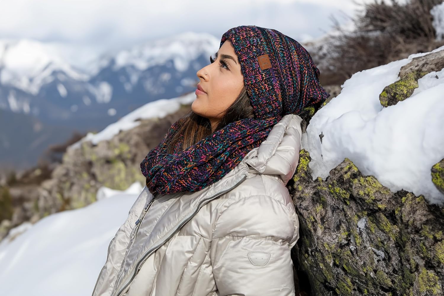 Funky Junque Chunky Knit Oversized Beanie and Infinity Scarf Set for Women Kaleidoscope - 4 Tone Mix - Black, Purple, Orang 8