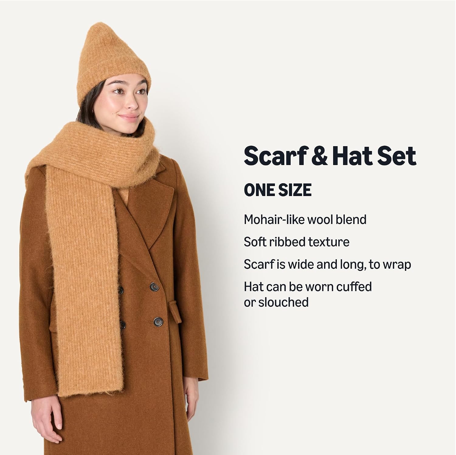 Amazon Essentials Unisex Adults Faux Mohair Scarf Hat Set for Women and Men One Size Camel Heather 2