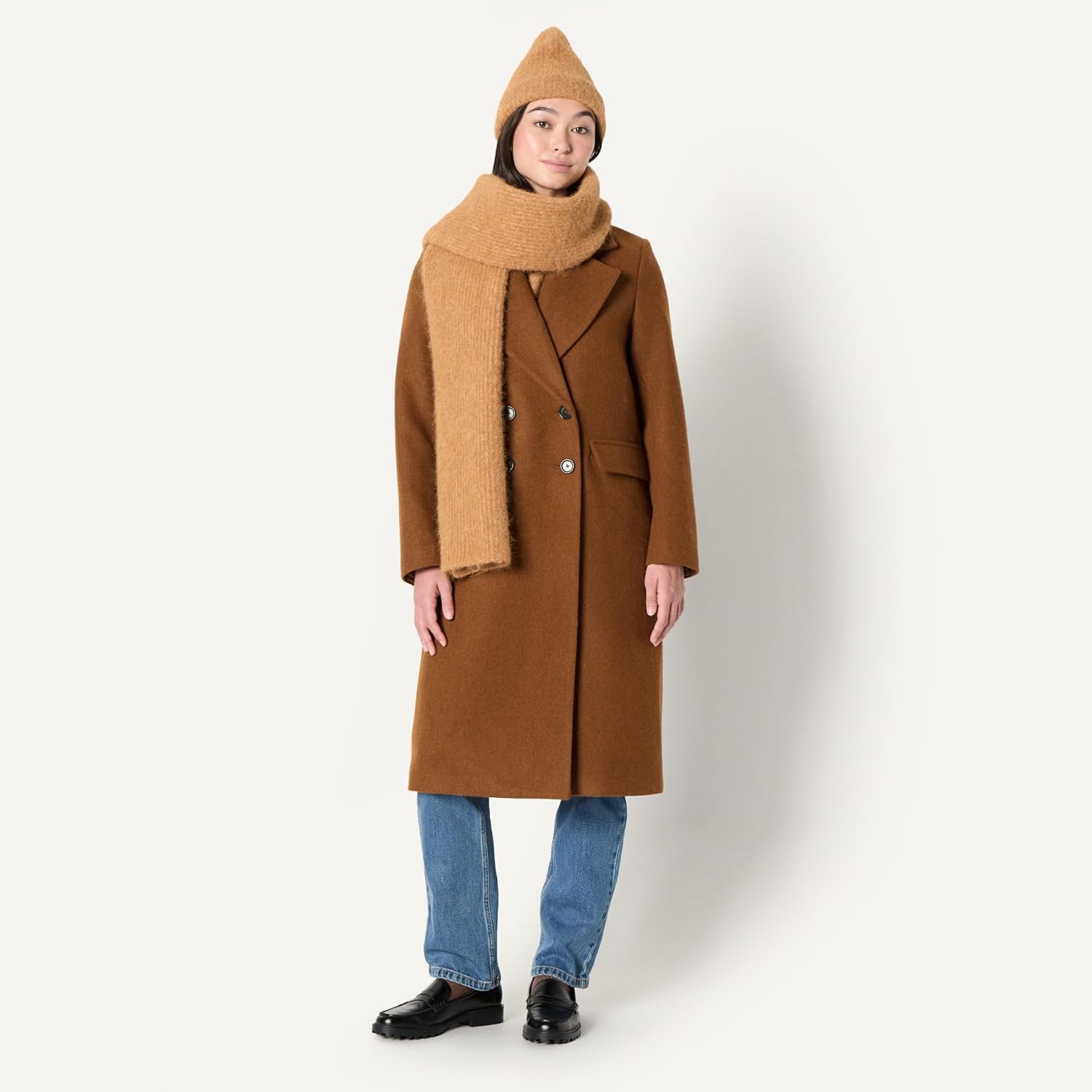 Amazon Essentials Unisex Adults Faux Mohair Scarf Hat Set for Women and Men One Size Camel Heather 5