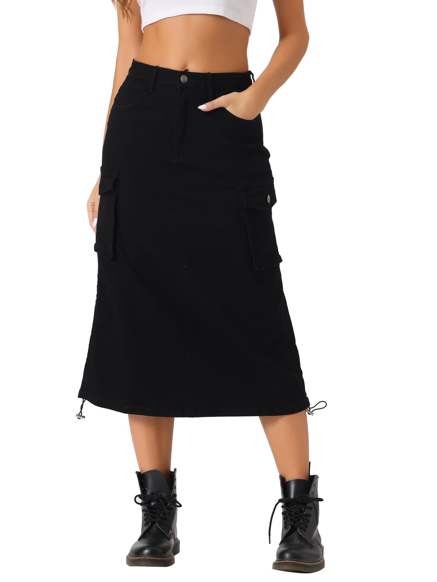 Black denim cargo midi skirt with side drawstring