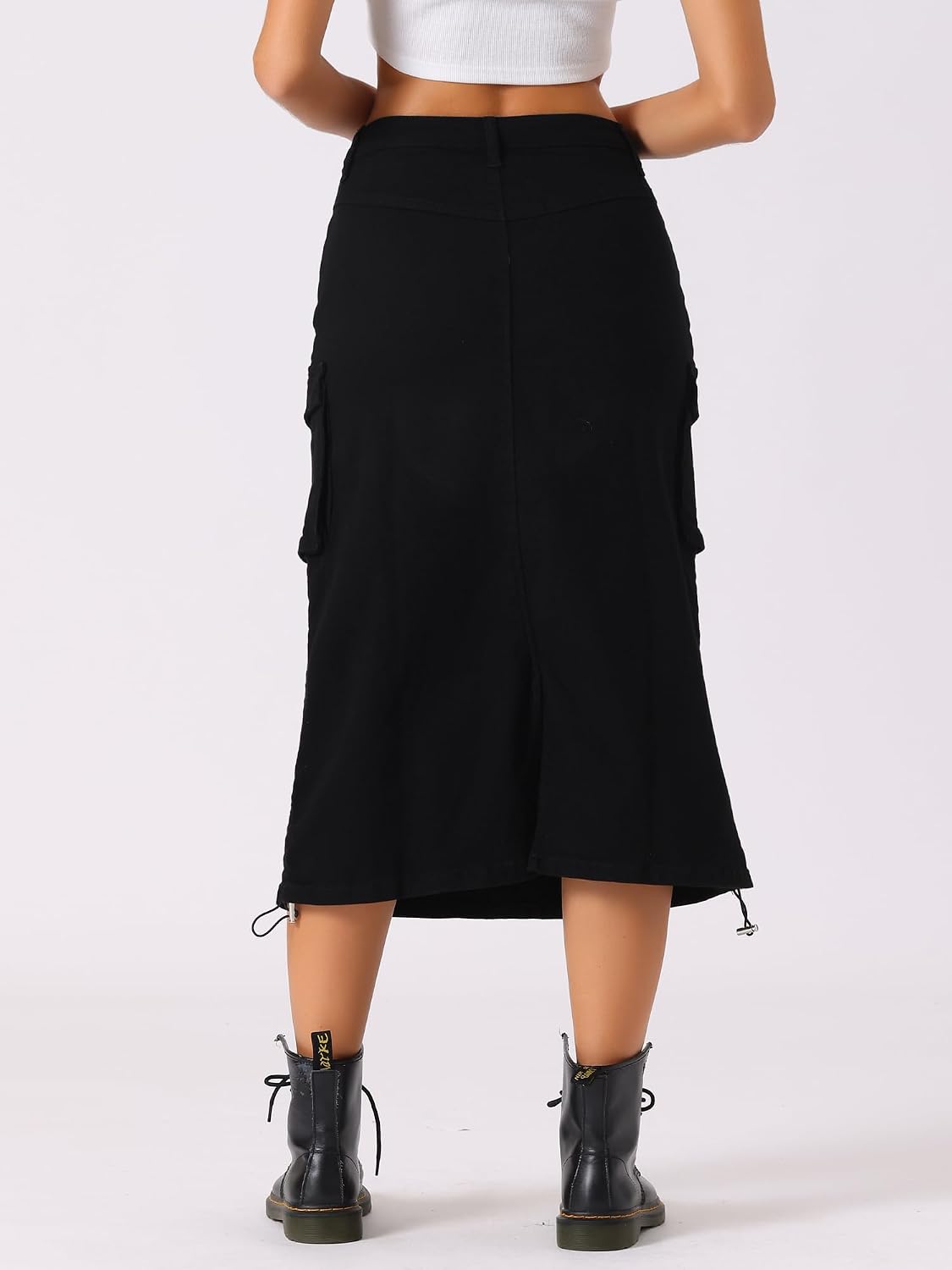 Cargo midi denim skirt front view with flap pockets