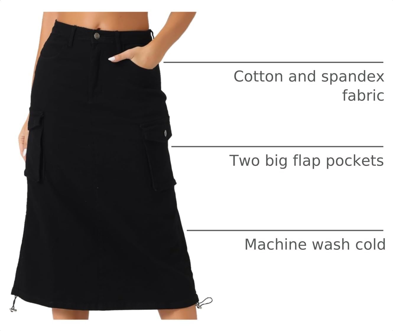 Drawstring denim cargo skirt shirred side detail