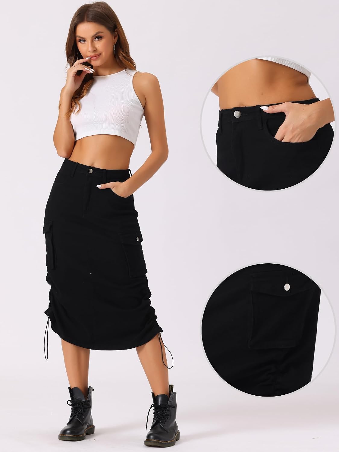 Cargo midi denim skirt back view