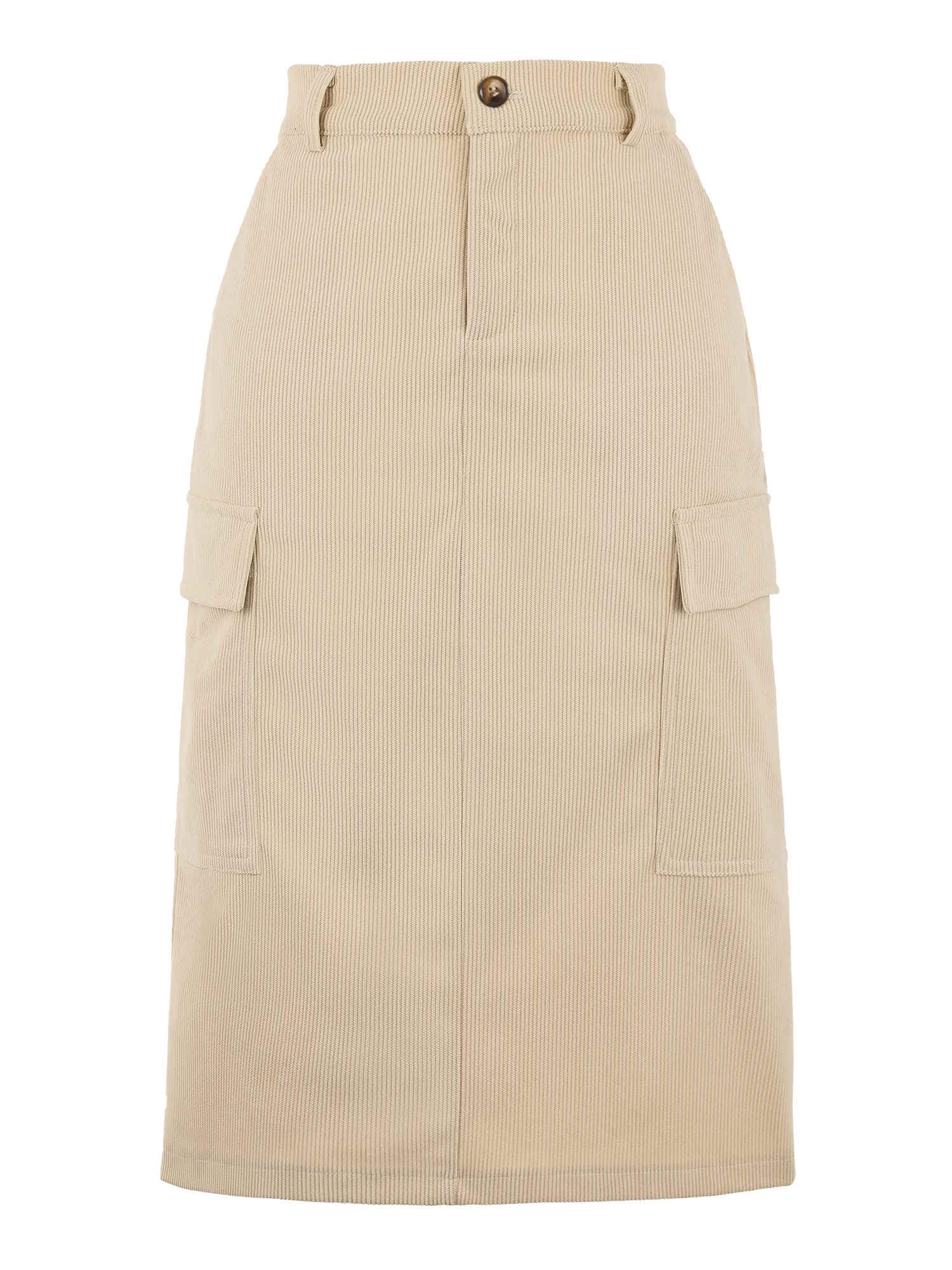 Khaki corduroy cargo midi skirt with high waist