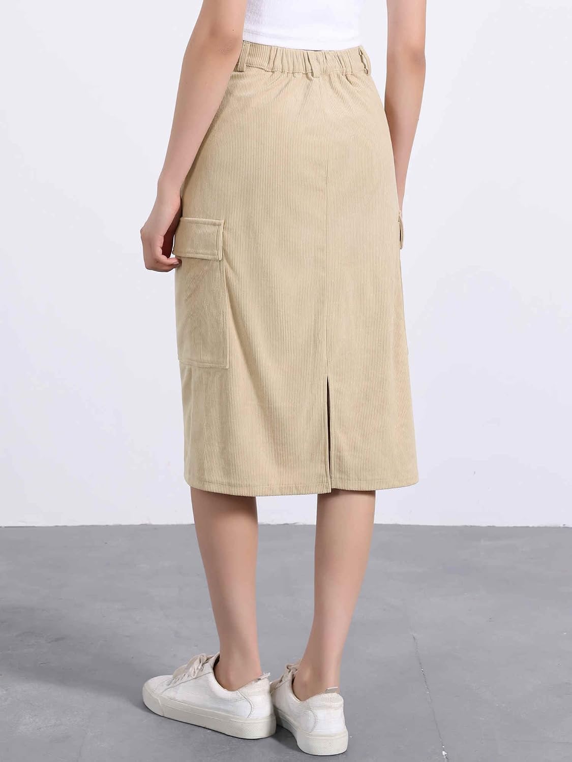 Corduroy cargo midi skirt front view