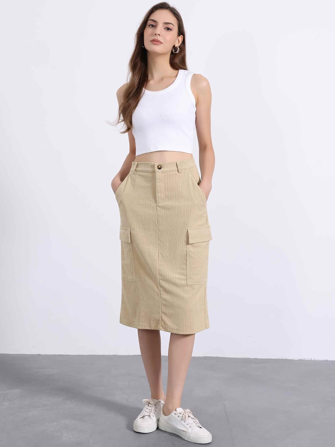 Corduroy cargo skirt styled with a sweater