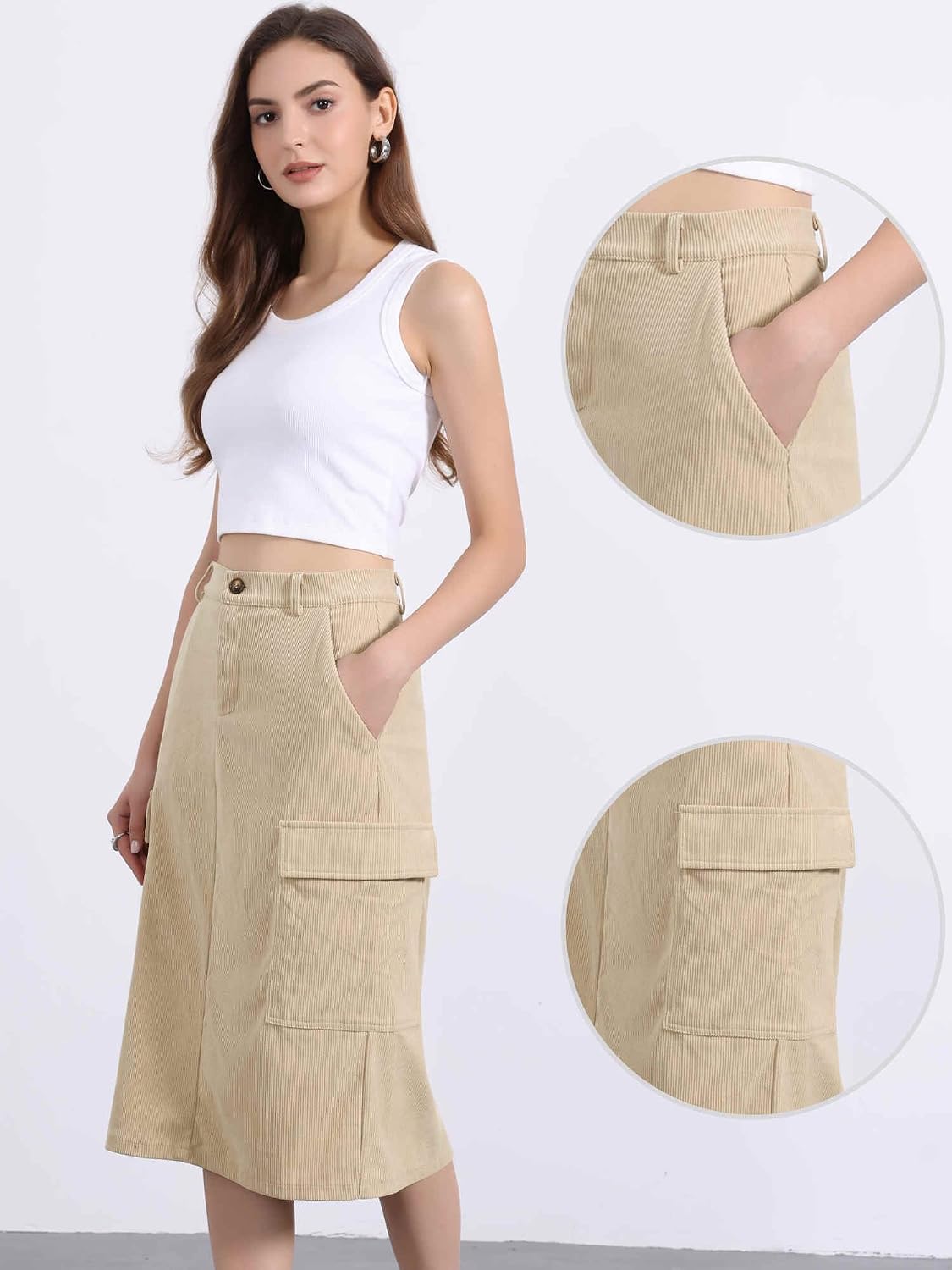 Corduroy cargo midi skirt pocket detail