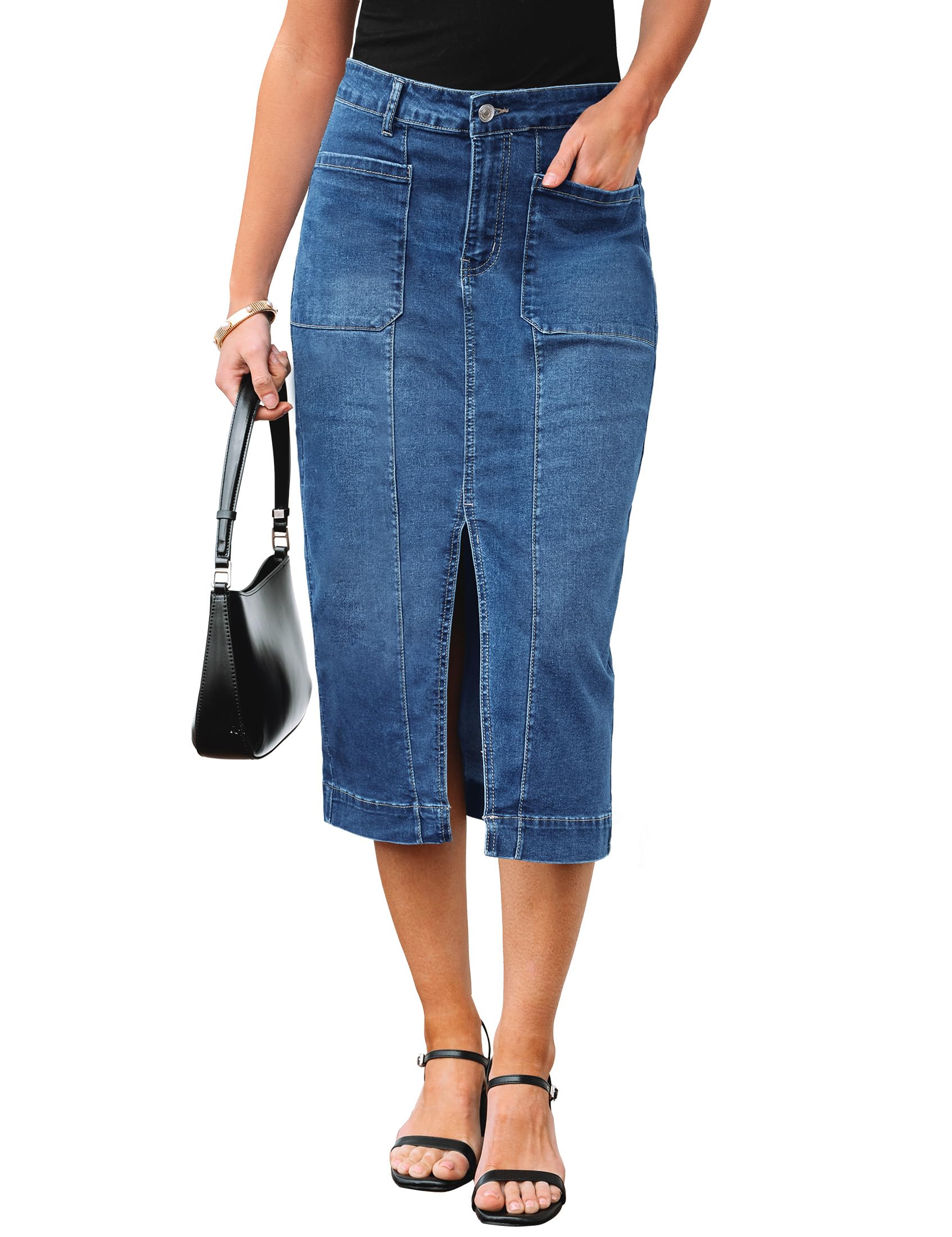 Medium blue denim midi skirt with front slit