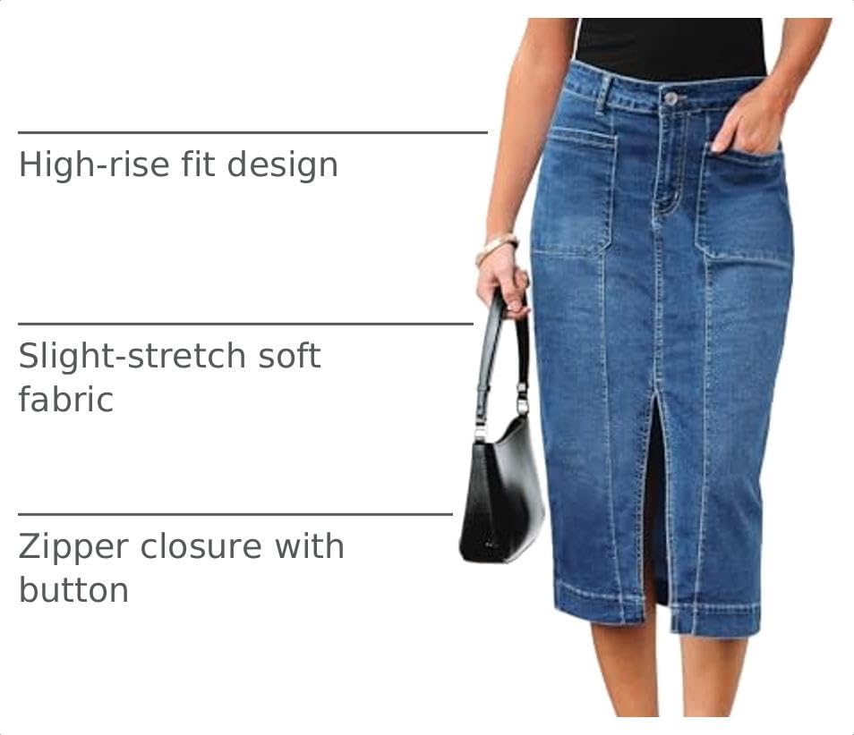 Denim midi skirt slit hem detail