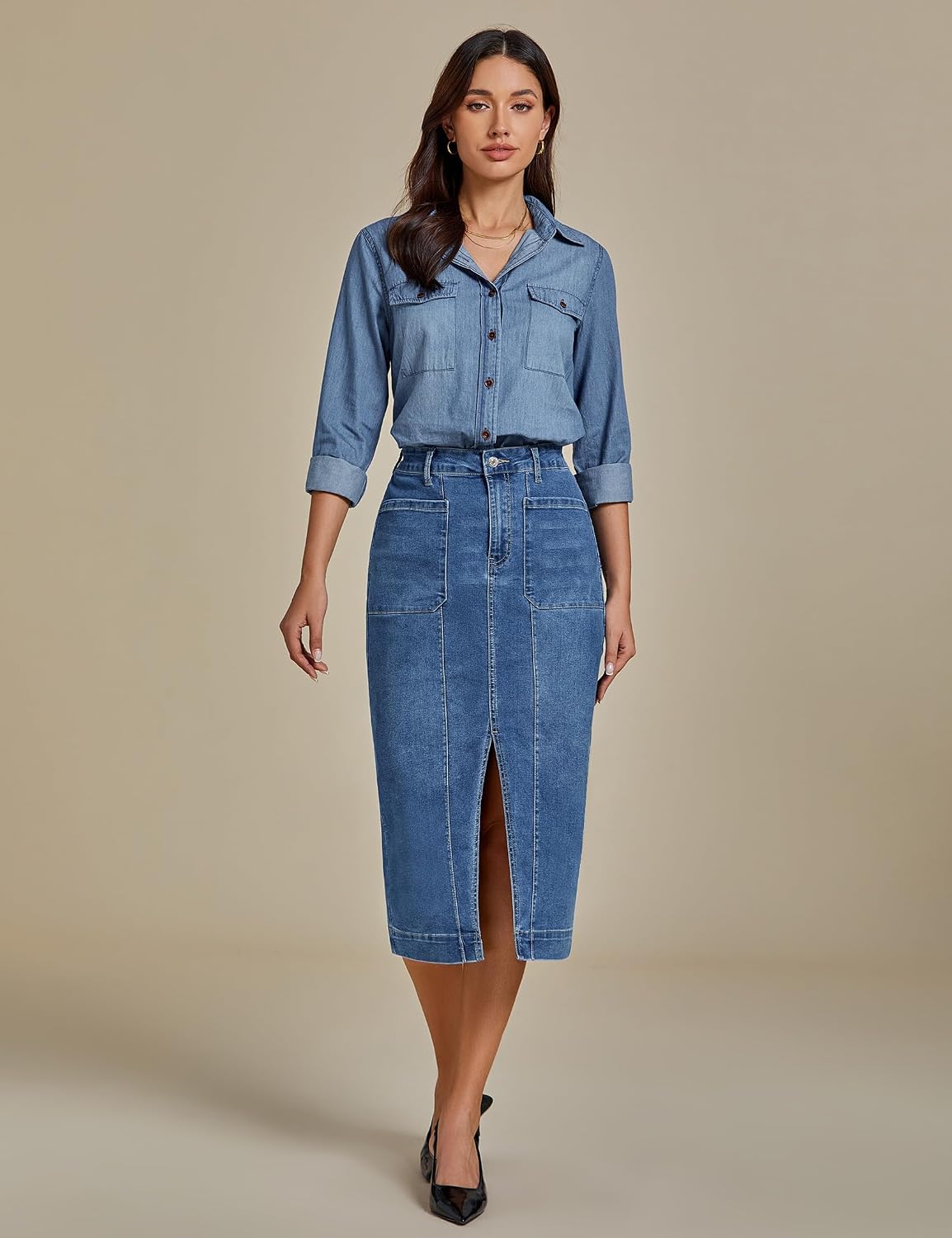 Denim midi skirt side view