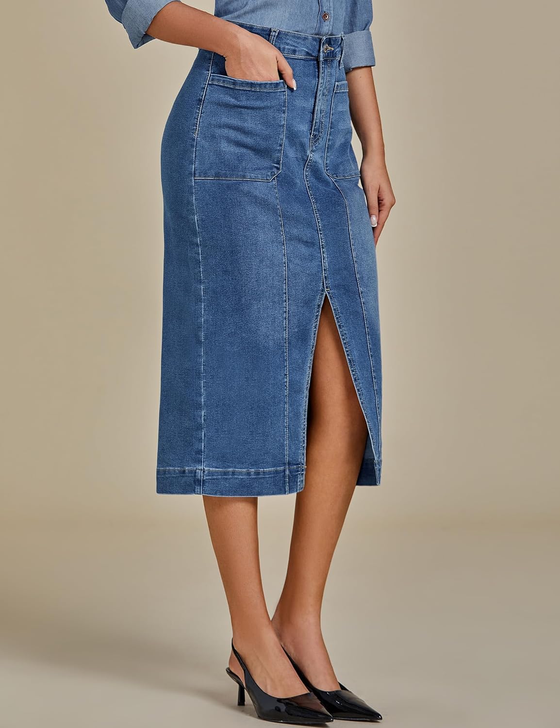 Denim midi skirt in cream white
