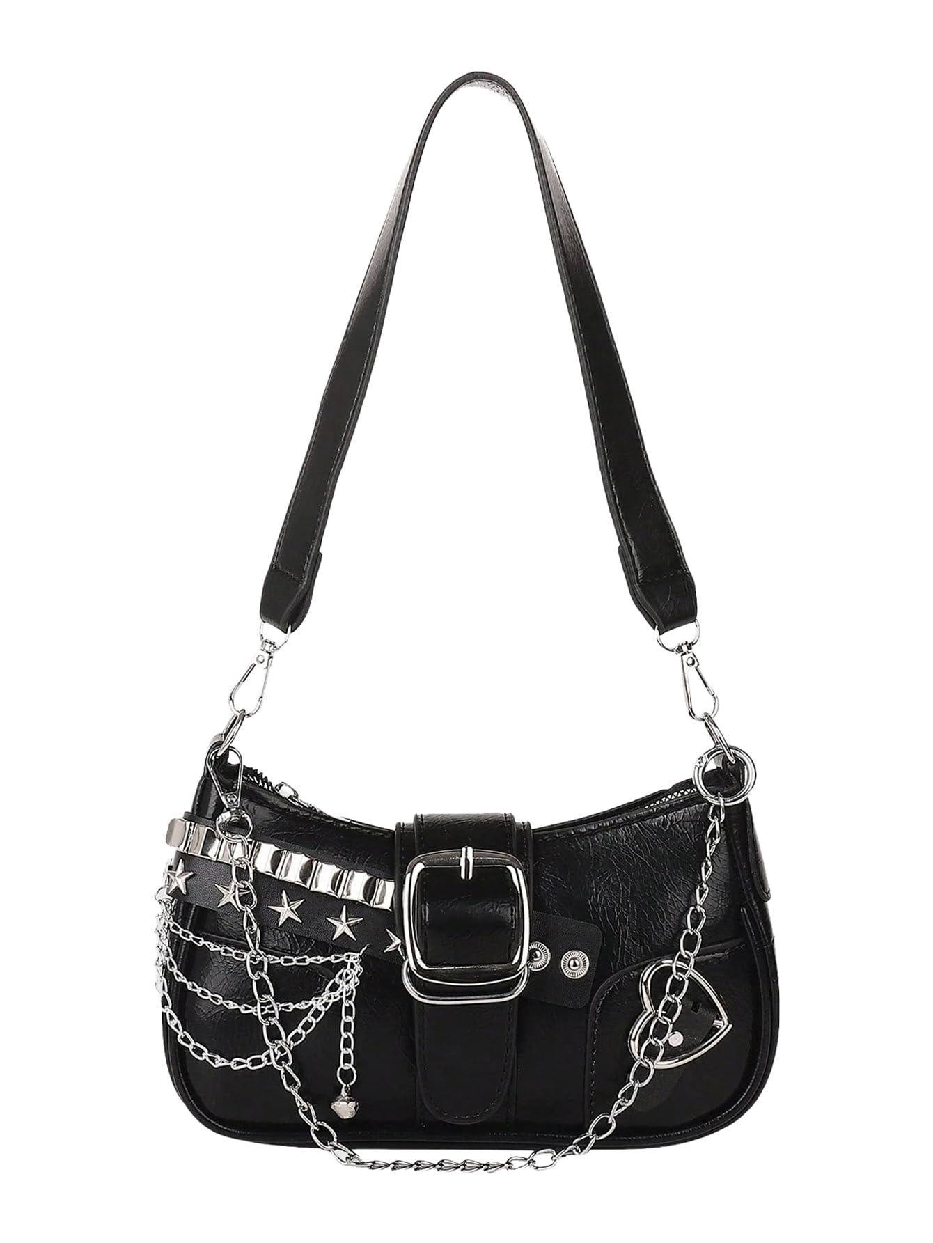 Black Y2K mini hobo bag with star embroidery and chain strap