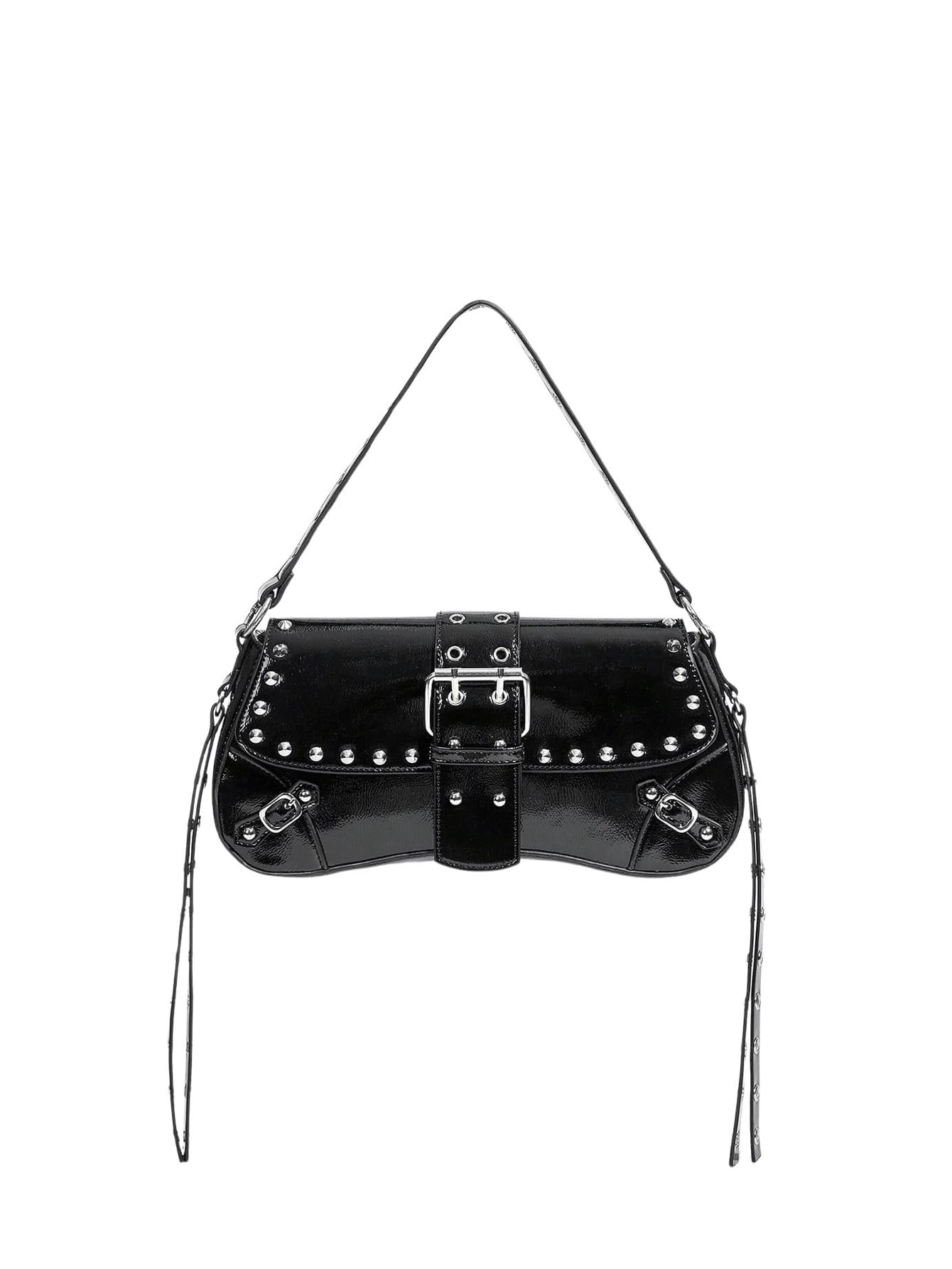 Black studded faux leather shoulder bag with buckle flap