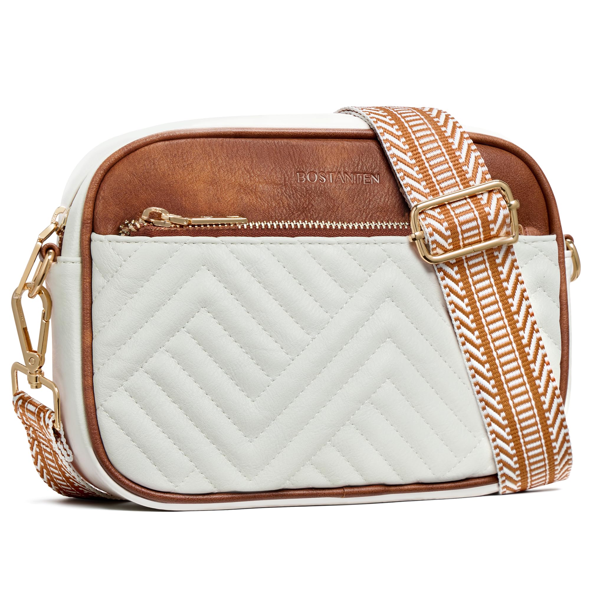 Beige and brown quilted crossbody bag with wide guitar strap