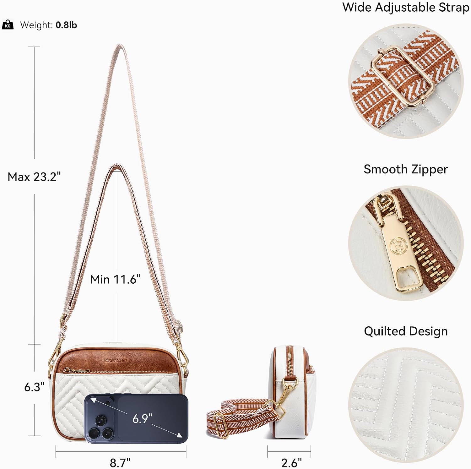 Quilted crossbody bag zipper detail