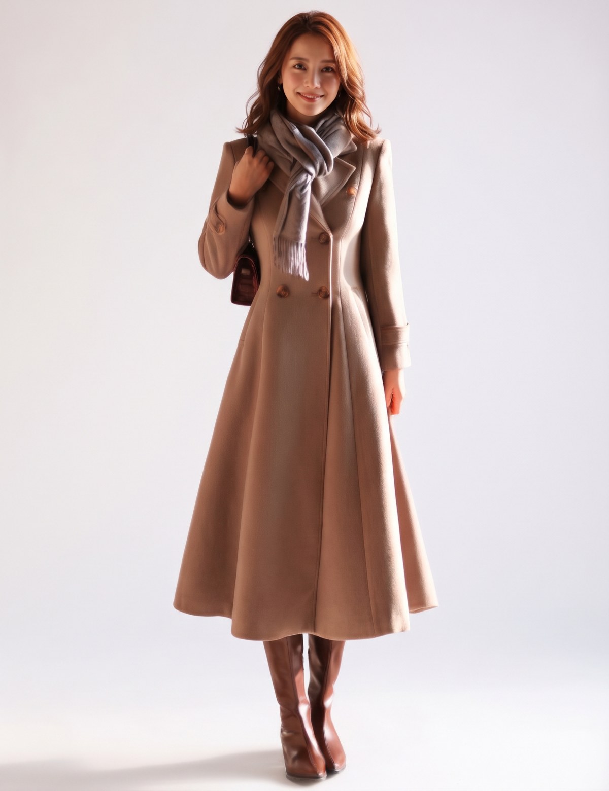Woman wearing a long camel double-breasted wool coat with a gray scarf