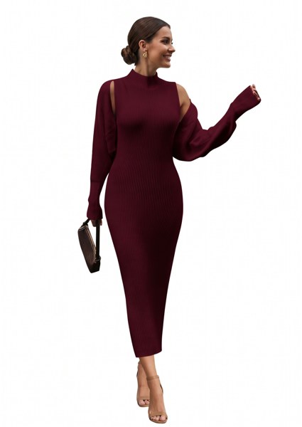 Woman wearing a maroon ribbed knit midi dress with matching cardigan