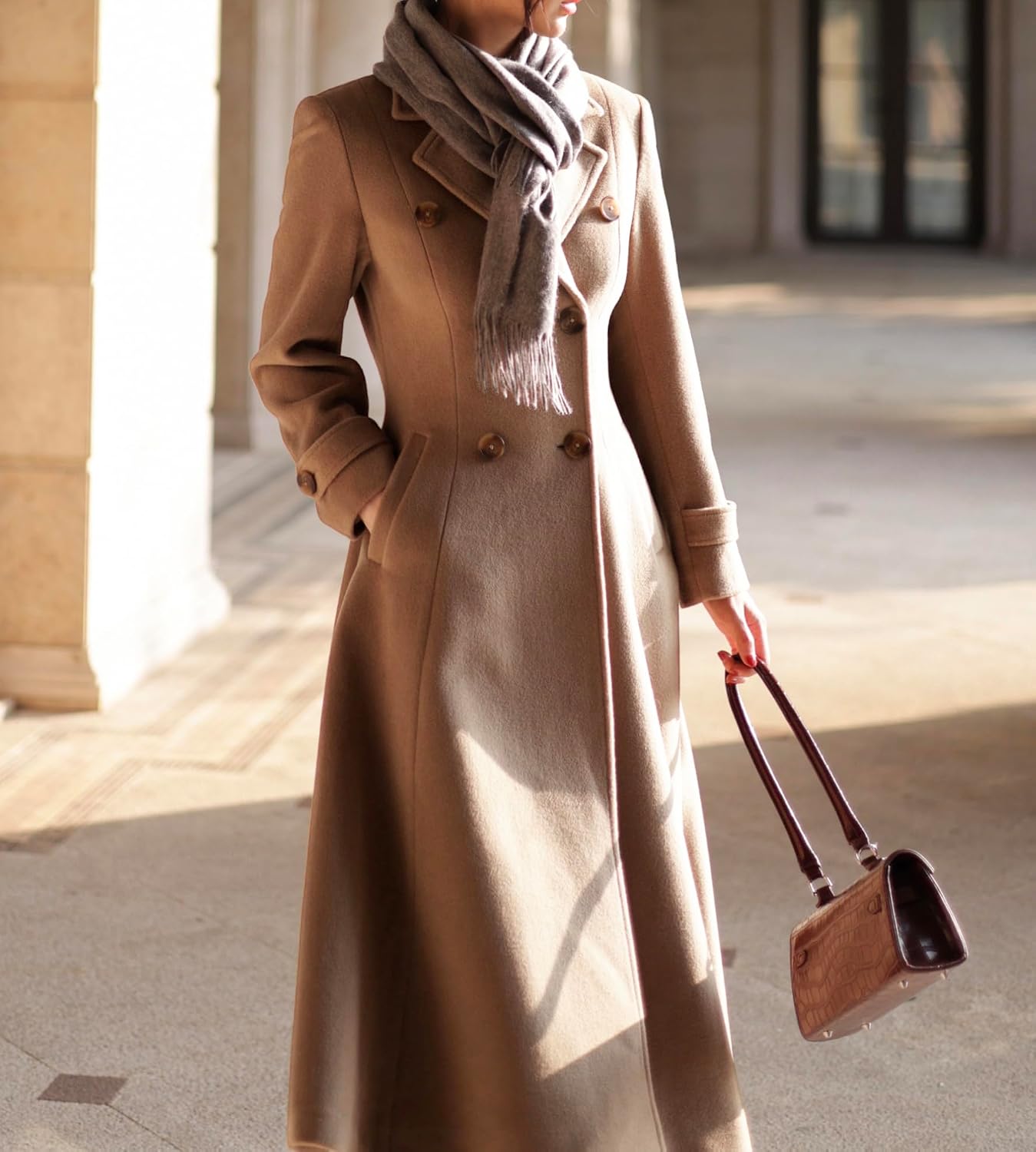 IDEALSANXUN Womens Long Wool Coat Fall Winter Double Breasted Trench Coat Peacoat Jackets Medium Dark Khaki 5