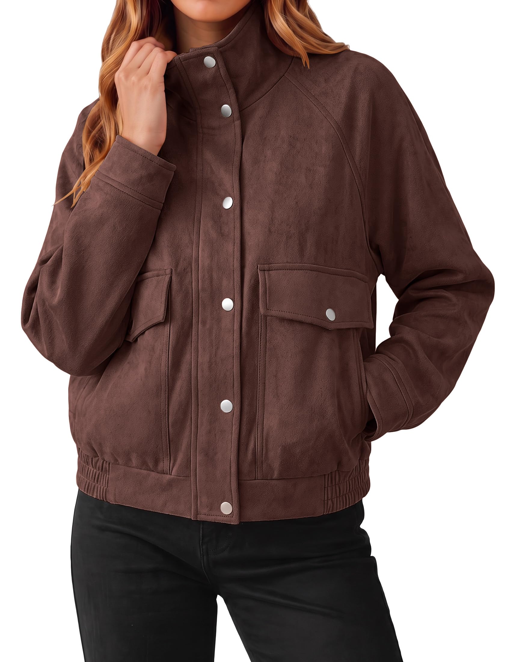 luvamia Faux Suede Jackets for Women Stand Collar Zip Up Bomber Jacket Coat Medium Chocolate Brown
