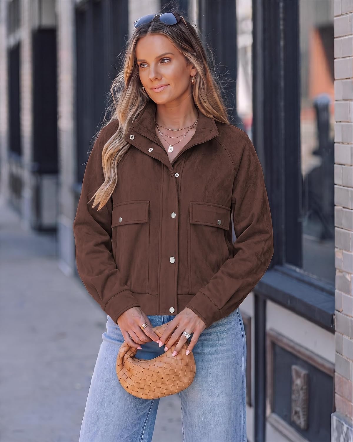 luvamia Faux Suede Jackets for Women Stand Collar Zip Up Bomber Jacket Coat Medium Chocolate Brown 2