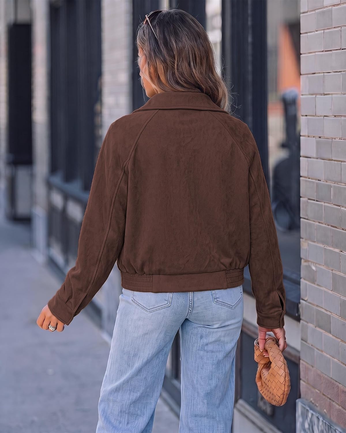 luvamia Faux Suede Jackets for Women Stand Collar Zip Up Bomber Jacket Coat Medium Chocolate Brown 3