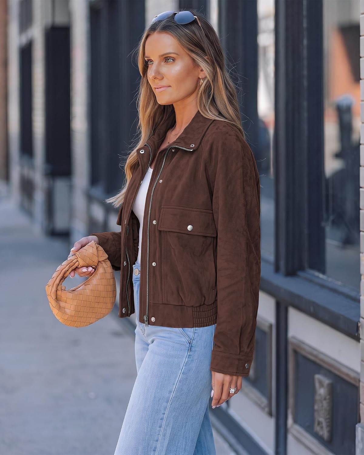 luvamia Faux Suede Jackets for Women Stand Collar Zip Up Bomber Jacket Coat Medium Chocolate Brown 4