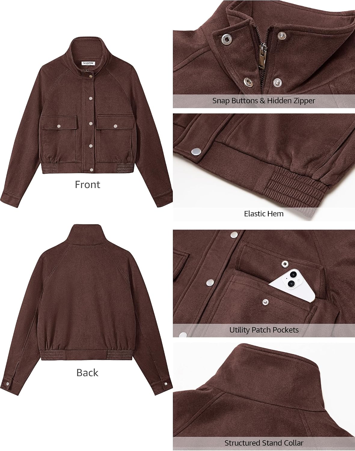 luvamia Faux Suede Jackets for Women Stand Collar Zip Up Bomber Jacket Coat Medium Chocolate Brown 5