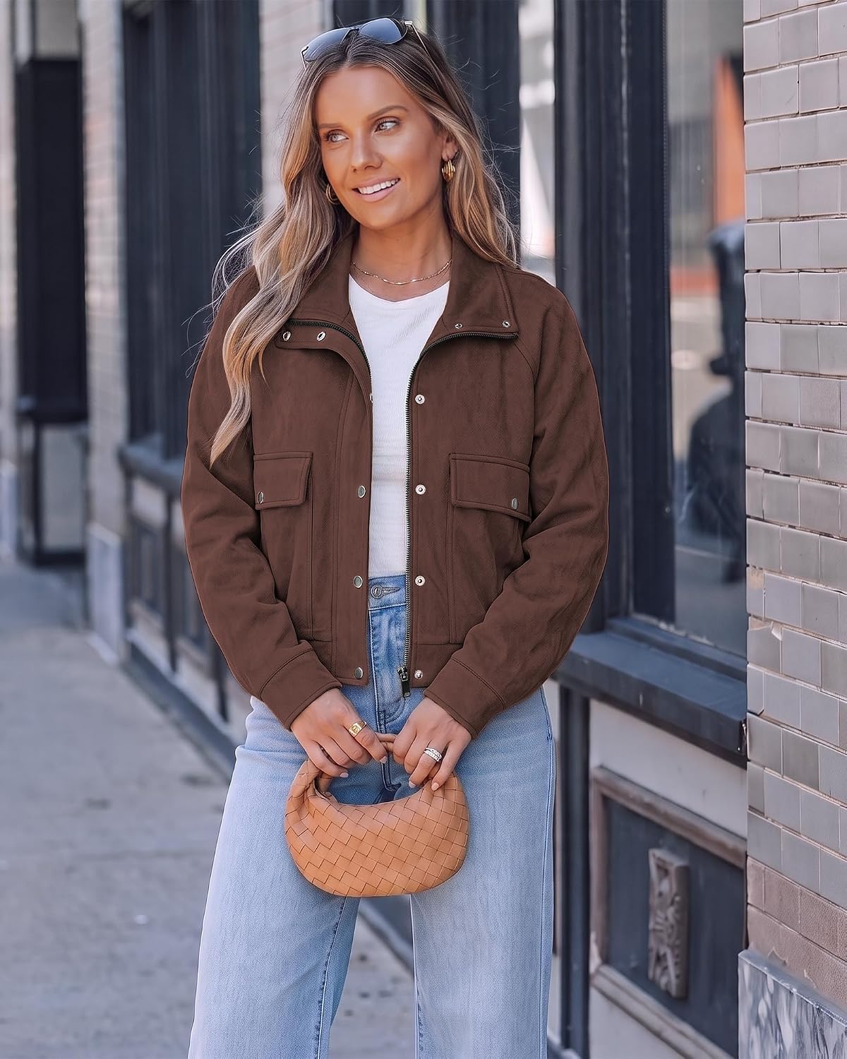 luvamia Faux Suede Jackets for Women Stand Collar Zip Up Bomber Jacket Coat Medium Chocolate Brown 6