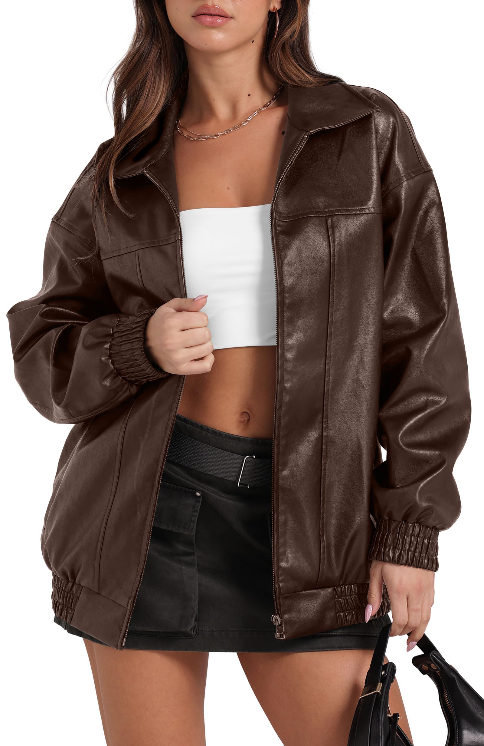 Sampeel Leather Jacket Women Faux Oversized Motorcycle Bomber Coats 2026 Fall Fashion Outfits Winter Clothes Medium A-brown