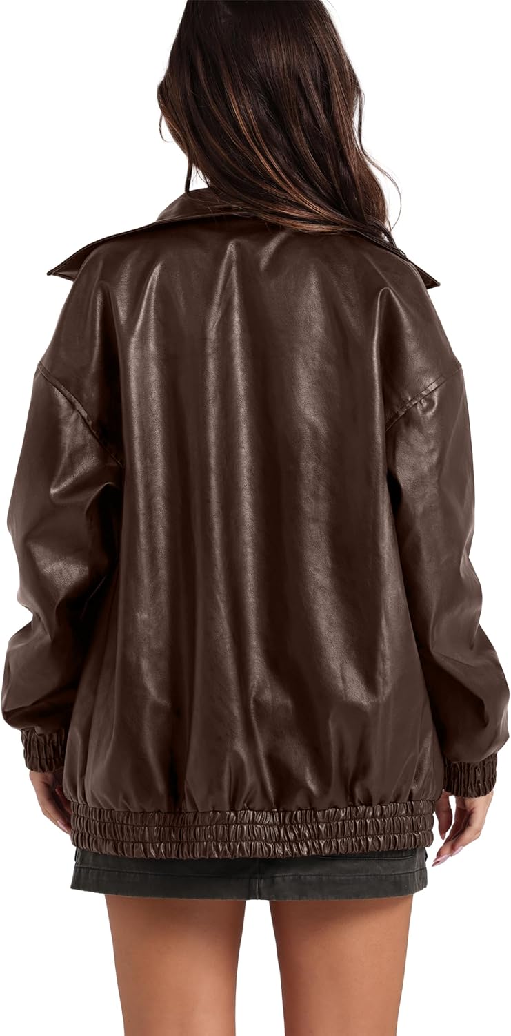 Sampeel Leather Jacket Women Faux Oversized Motorcycle Bomber Coats 2026 Fall Fashion Outfits Winter Clothes Medium A-brown 3
