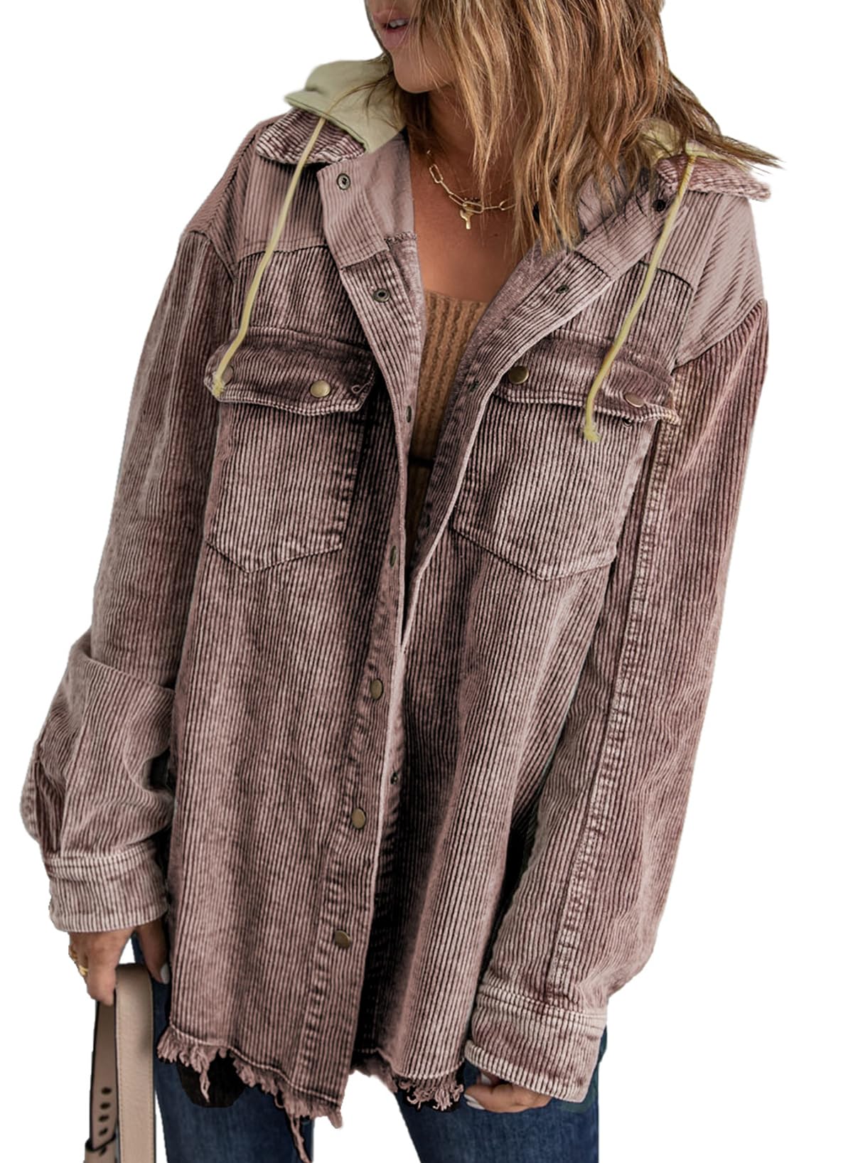 Dokotoo Womens 2025 Fall Corduroy Shacket Jacket Long Sleeve Button Down Color Block Hooded Coat with Pockets Large Brown 3