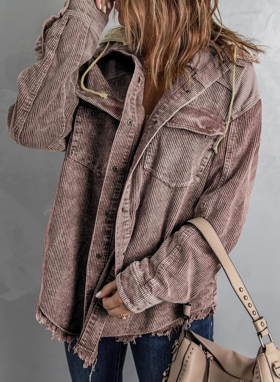 Dokotoo Womens 2025 Fall Corduroy Shacket Jacket Long Sleeve Button Down Color Block Hooded Coat with Pockets Large Brown 3 3