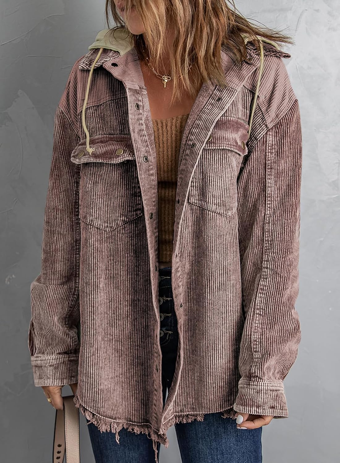 Dokotoo Womens 2025 Fall Corduroy Shacket Jacket Long Sleeve Button Down Color Block Hooded Coat with Pockets Large Brown 3 4