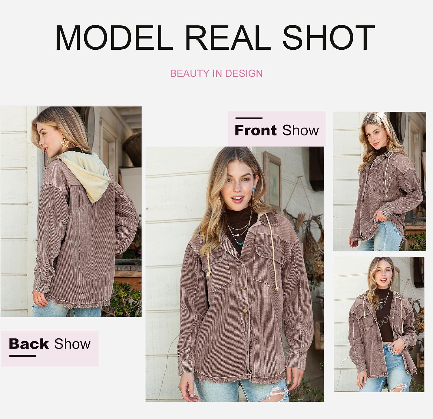 Dokotoo Womens 2025 Fall Corduroy Shacket Jacket Long Sleeve Button Down Color Block Hooded Coat with Pockets Large Brown 3 5