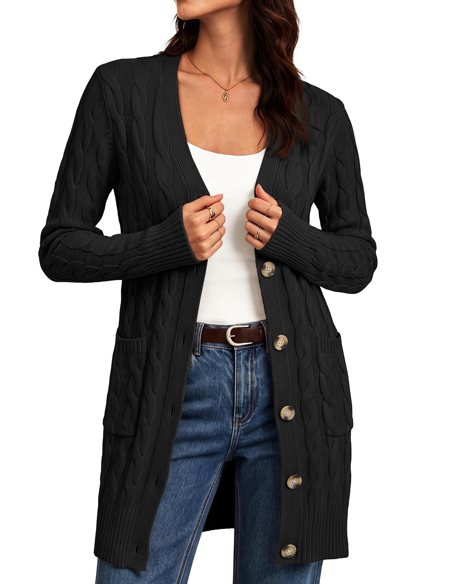 GRACE KARIN Womens Cable Knit Sweater Button Long Chunky Cardigan Small Black