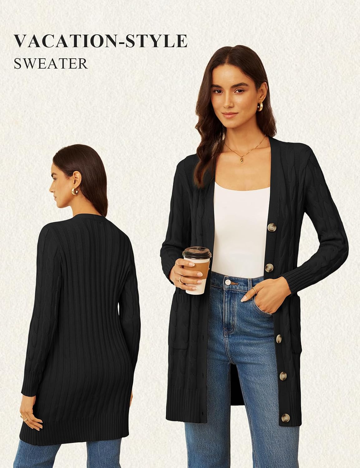 GRACE KARIN Womens Cable Knit Sweater Button Long Chunky Cardigan Small Black 7
