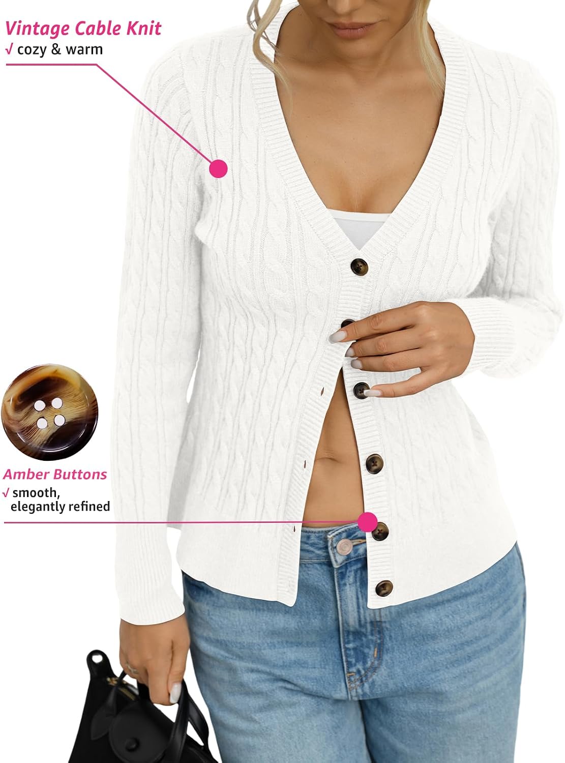 EasyGala Womens Cable Knit Cardigan Sweaters Chunky Button Down Shirts Medium White 4