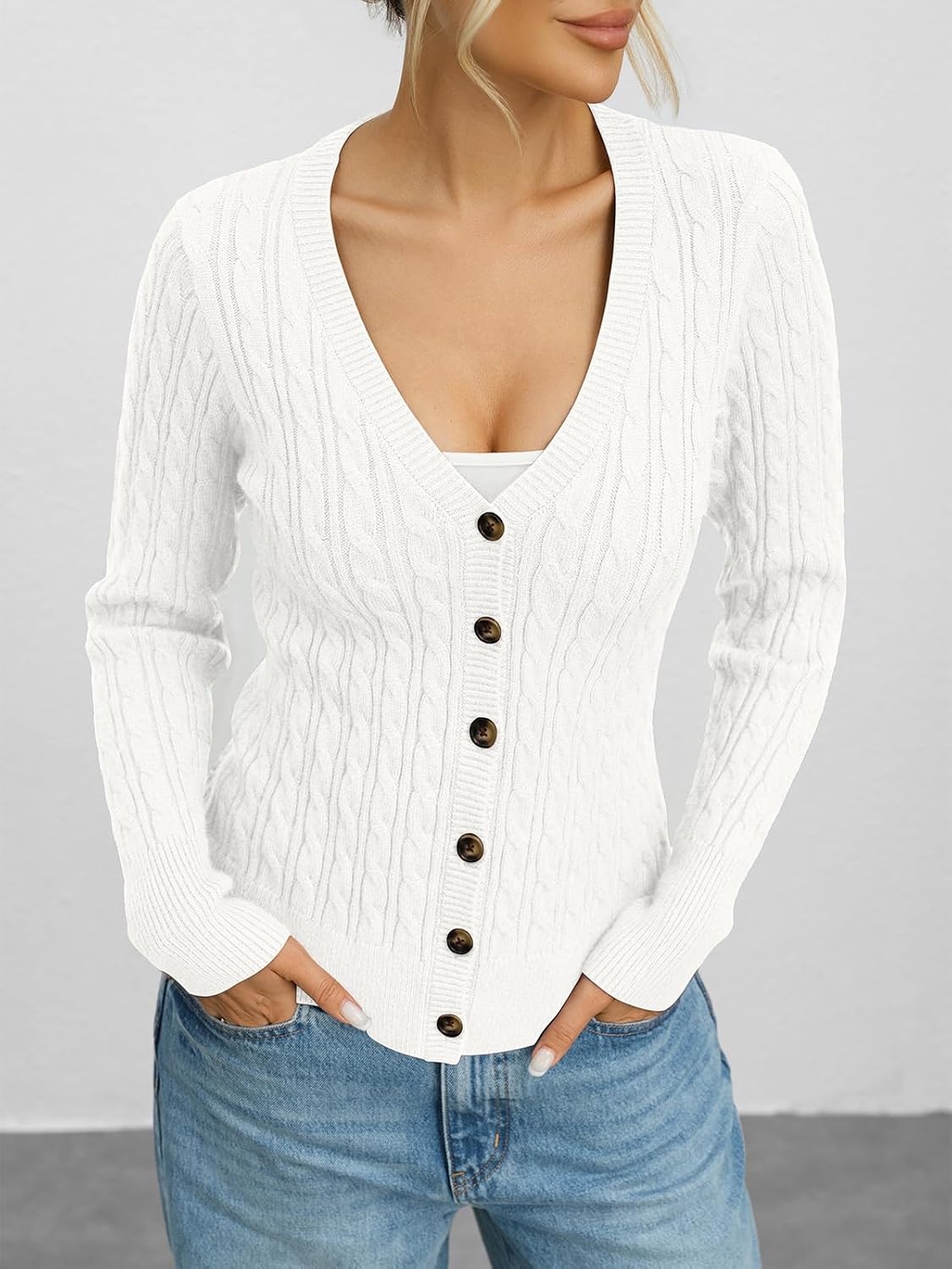 EasyGala Womens Cable Knit Cardigan Sweaters Chunky Button Down Shirts Medium White 5