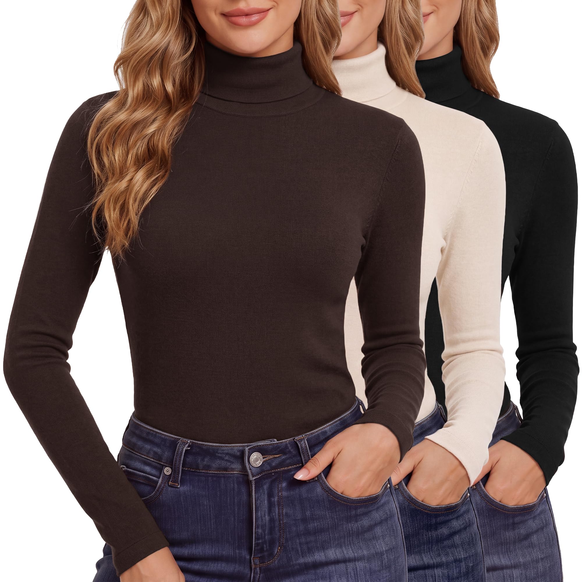 GAYHAY 3 Pack Turtleneck Tops for Women, Long Sleeve Fleece-Lined Shirts Small Black/Coffee/Beige