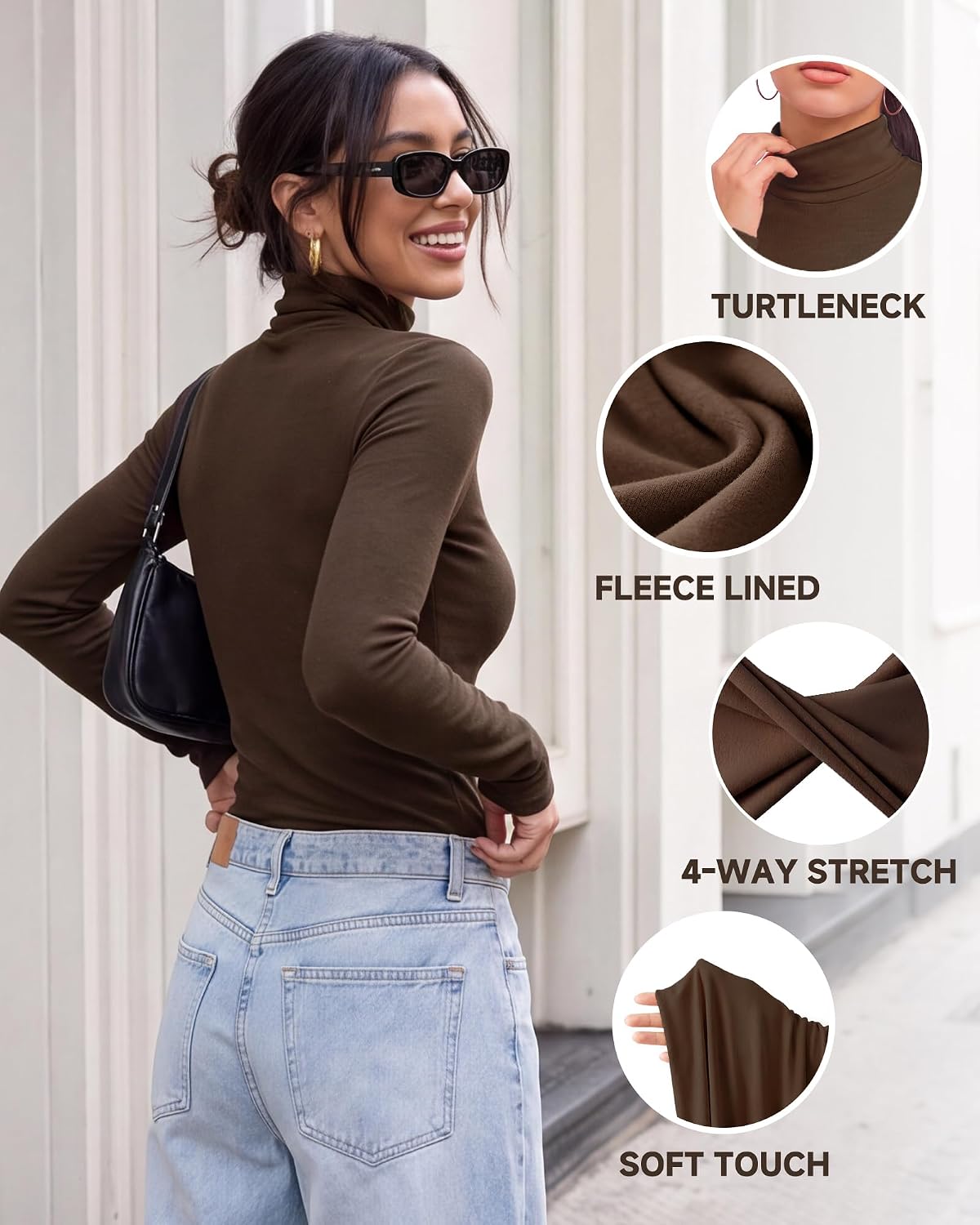 GAYHAY 3 Pack Turtleneck Tops for Women, Long Sleeve Fleece-Lined Shirts Small Black/Coffee/Beige 4