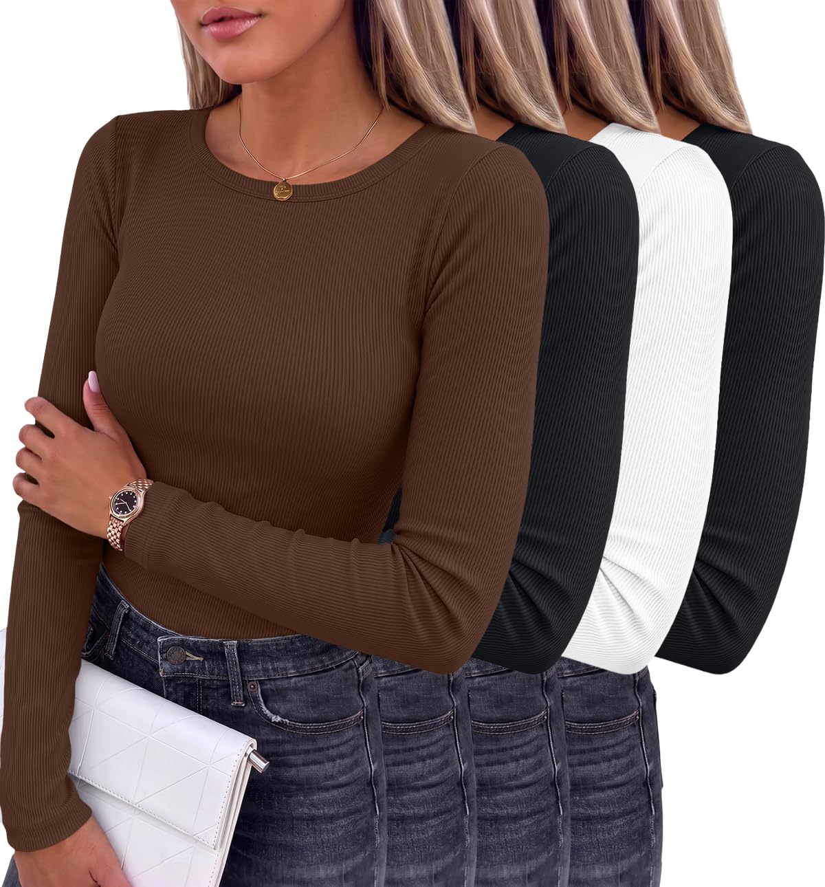 AUTOMET 4 Pack Womens Ribbed Long Sleeve Basic Top Soft Stretch Shirts Medium White,black,chocolate Brown,black